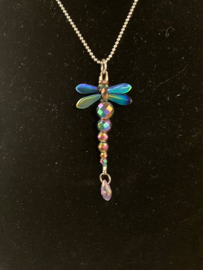 32 Inch Dragonfly Pendant Necklace with Iridescent Crystal Beads and Silver Ball Chain