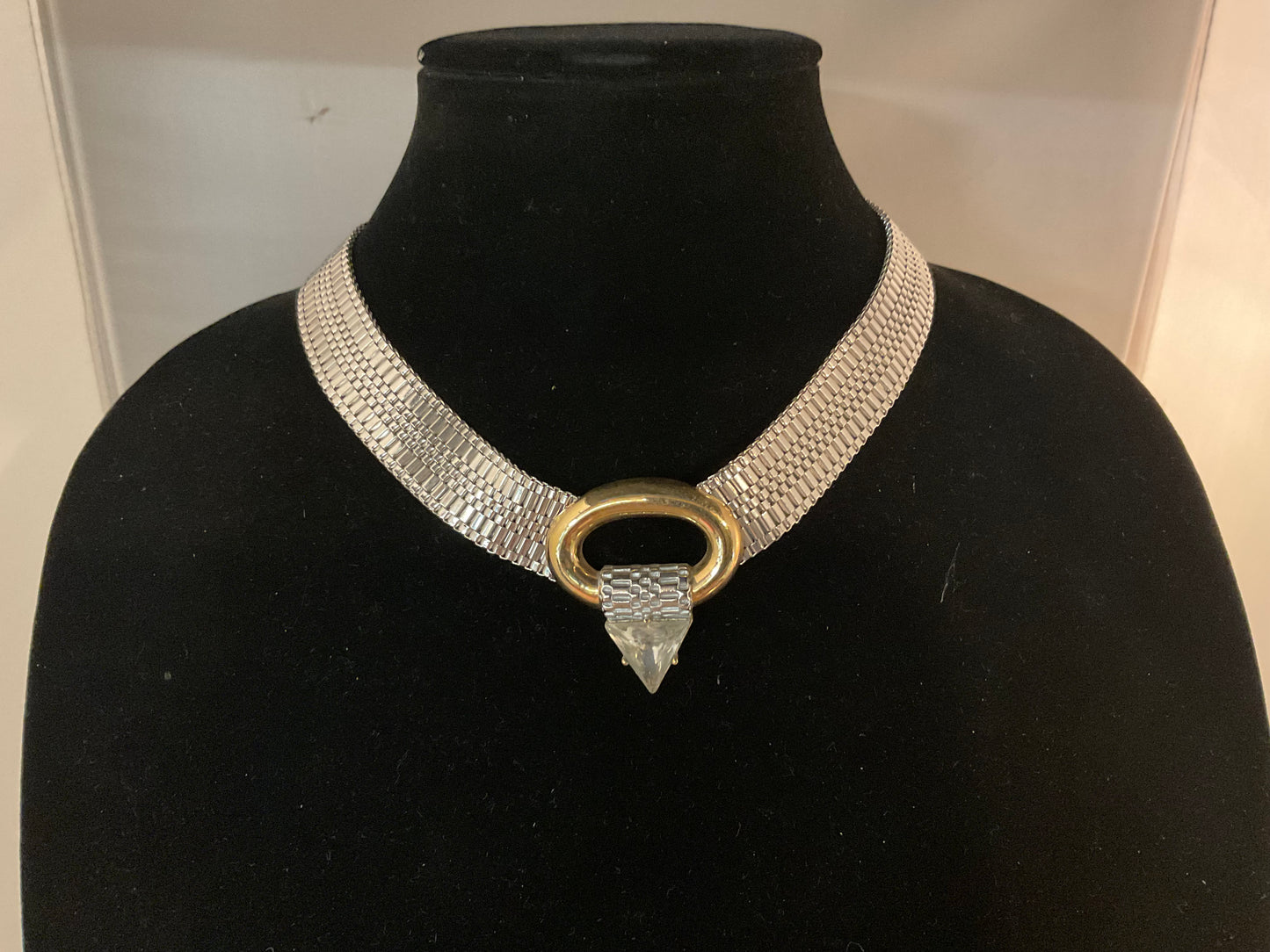 Vintage Silver Mesh Choker Necklace with Gold Oval Accent and Clear Rhinestone Pendant