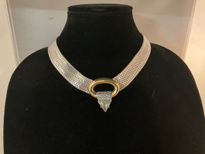 Vintage Silver Mesh Choker Necklace with Gold Oval Accent and Clear Rhinestone Pendant