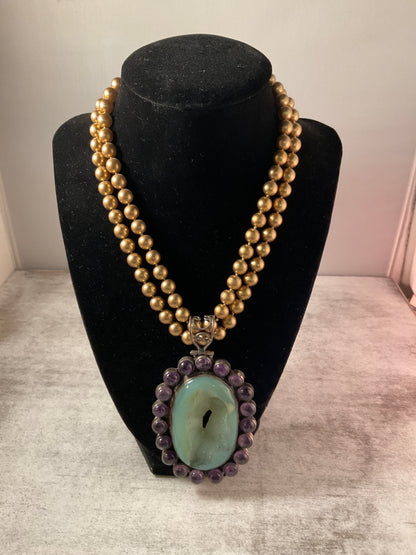 Aqua Druzy Agate & Amethyst Statement Necklace – Double Gold Pearl Strand with Sterling Pendant