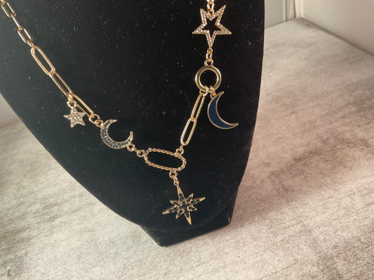 Midnight Celestial Mixed Chain Necklace – Stars, Moons & Enamel Charm Statement