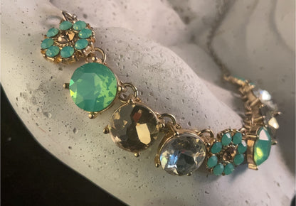 Austrian Crystal Floral Necklace – Turquoise & Champagne Sparkle Statement Collar
