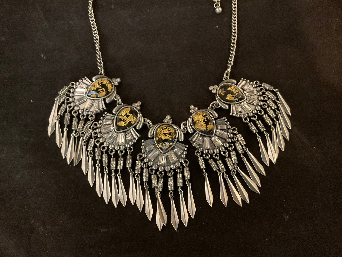 Vintage Silver Fringe Necklace with Gold Fleck Crystal Cabochons and Baguette Rhinestones