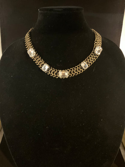 Vintage Gold Tone Chain Necklace with Emerald Cut Crystal Rhinestones – Adjustable 18–20 Inch
