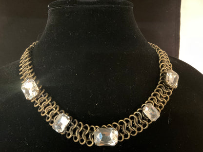 Vintage Gold Tone Chain Necklace with Emerald Cut Crystal Rhinestones – Adjustable 18–20 Inch