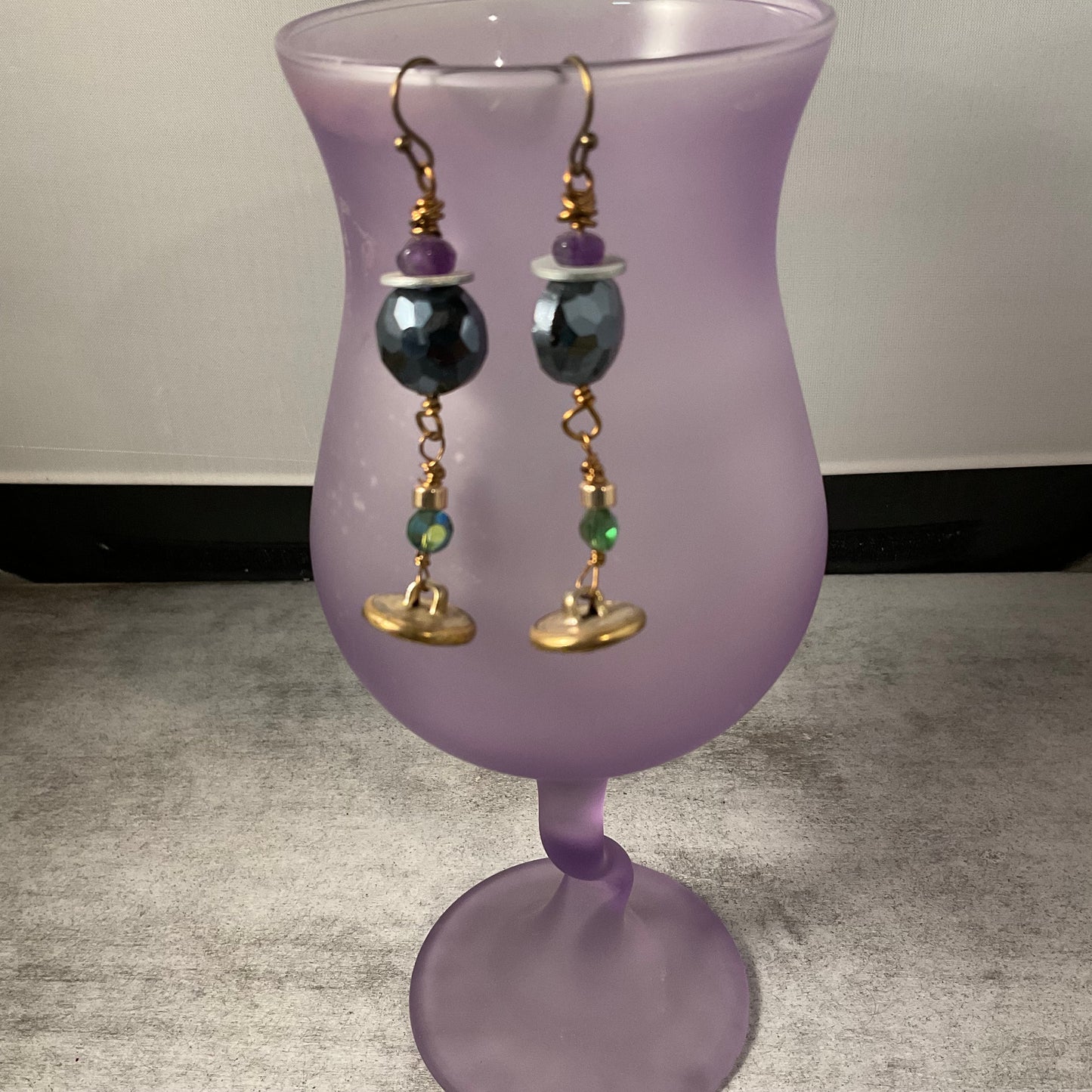 Handmade Mixed Metal Earrings with Vintage Brass Buttons & Faceted Crystal Beads