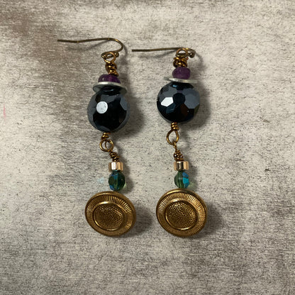 Handmade Mixed Metal Earrings with Vintage Brass Buttons & Faceted Crystal Beads
