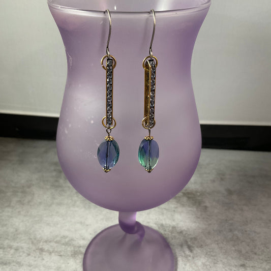 Blue Ombre Swarovski Crystal Drop Earrings with Gold Rhinestone Bars | Handmade Statement Earrings