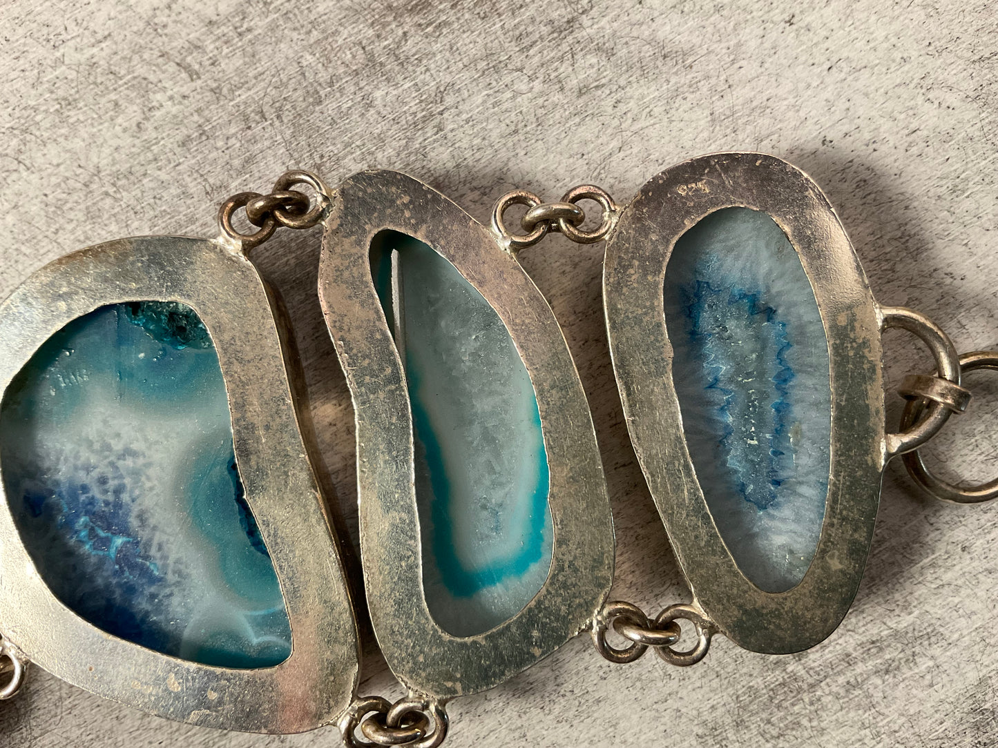Sterling Silver Blue Druzy Agate Bracelet – 925 Adjustable Toggle Bracelet with Five Natural Stone Slices