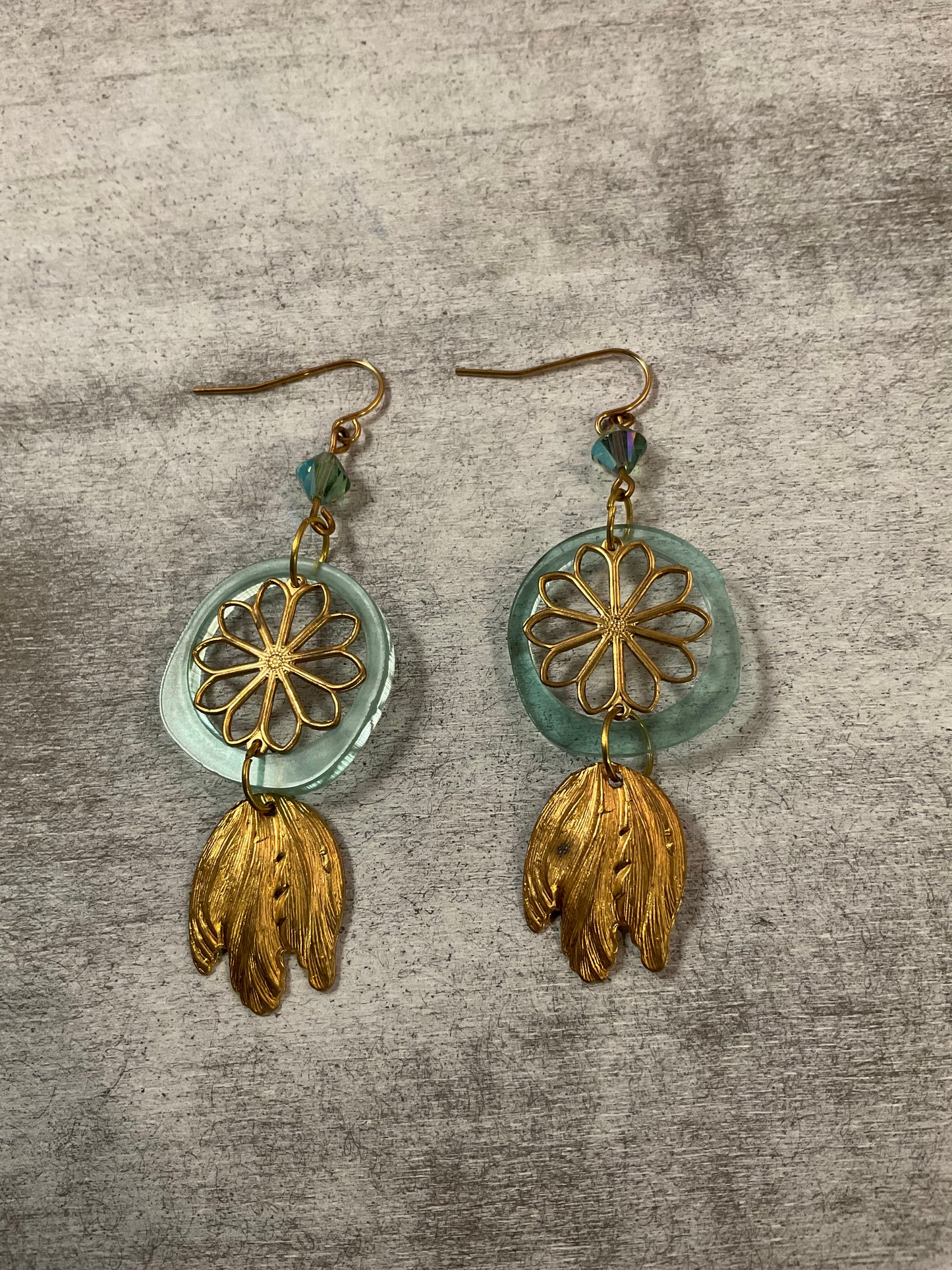 Mint Green Resin Floral Dangle Earrings | Gold Mixed Metal & Vintage Crystal Earrings