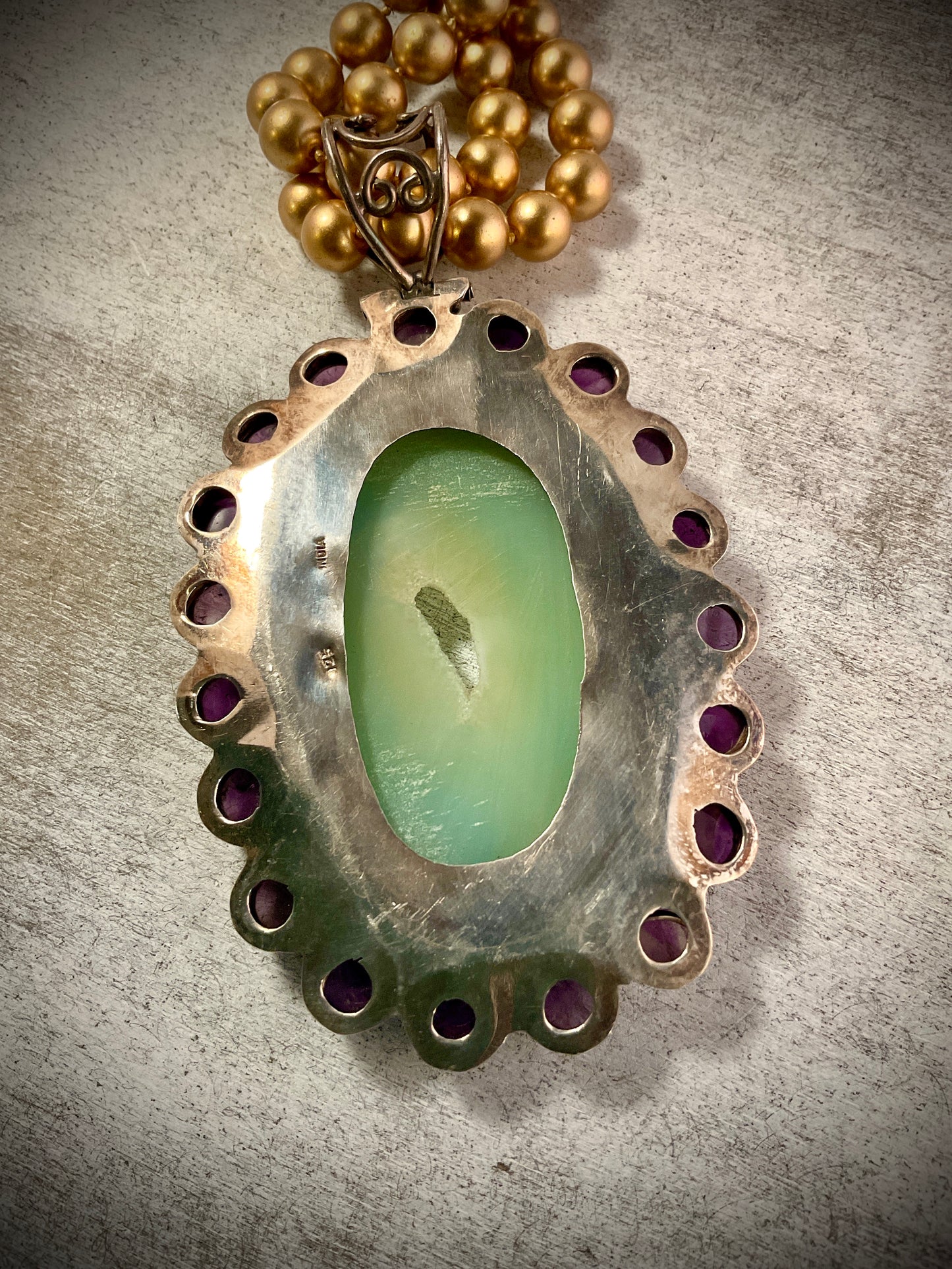Aqua Druzy Agate & Amethyst Statement Necklace – Double Gold Pearl Strand with Sterling Pendant