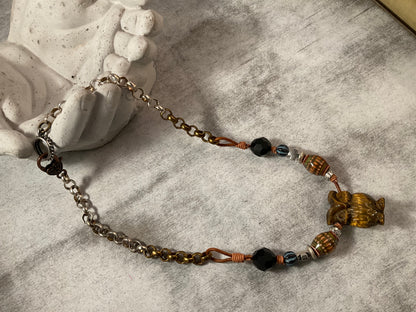 Tiger Eye Owl Pendant Necklace | Handmade Leather, Mixed Metal & Artisan Beads | 18”