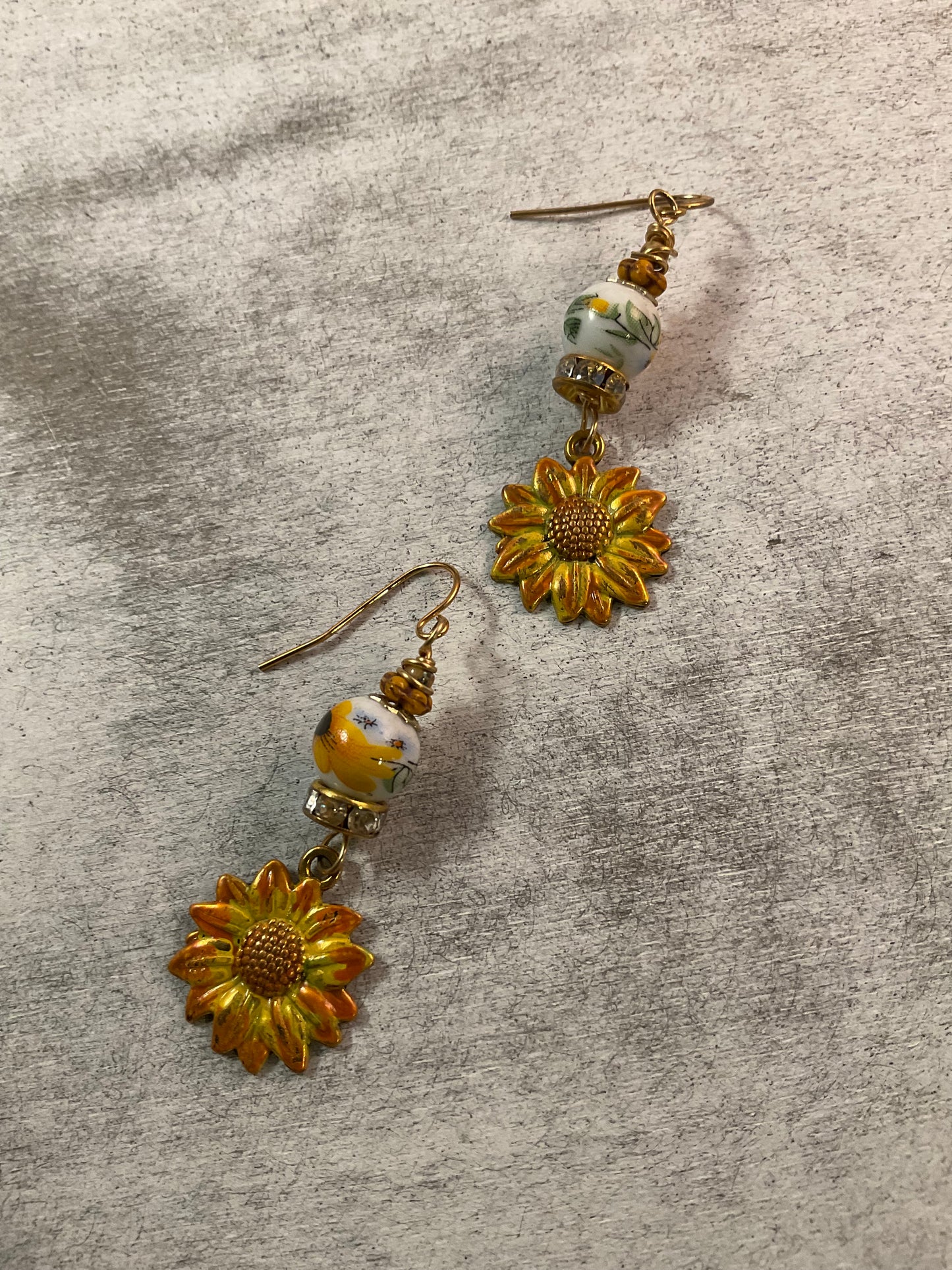 Handmade Sunflower Earrings with Floral Ceramic Beads | Gold Dangle Earrings | Boho Floral Jewelry