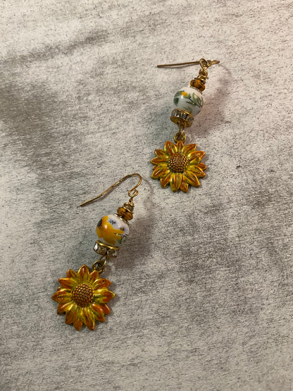 Handmade Sunflower Earrings with Floral Ceramic Beads | Gold Dangle Earrings | Boho Floral Jewelry