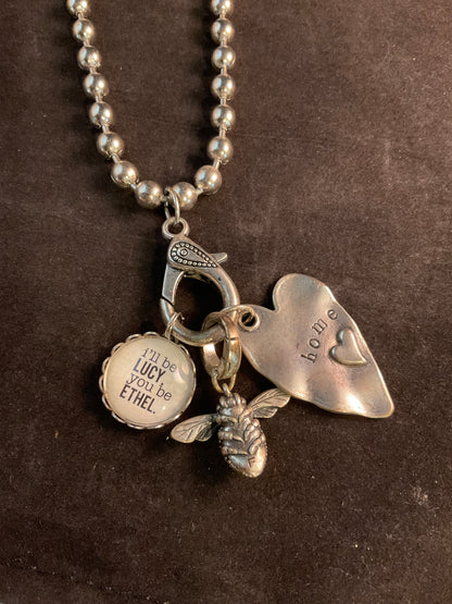 Handmade Lucy & Ethel Charm Necklace | Silver Ball Chain with Bee and Home Heart Charms | 18 Inch Necklace