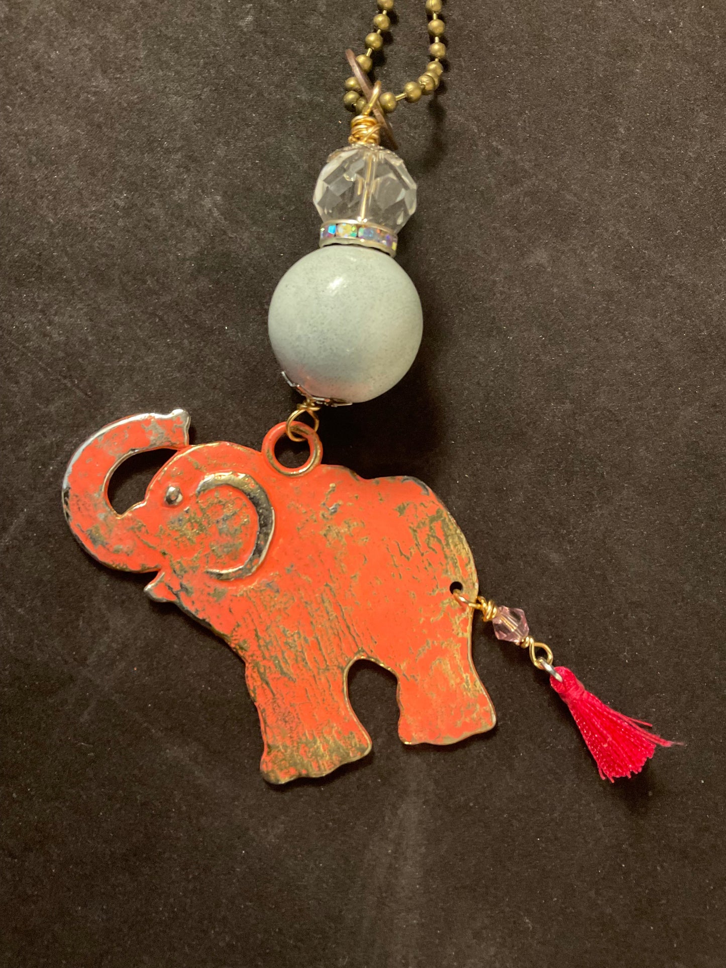 Handmade Pink Elephant Pendant Necklace | 36” Antique Brass Ball Chain | Boho Statement Jewelry