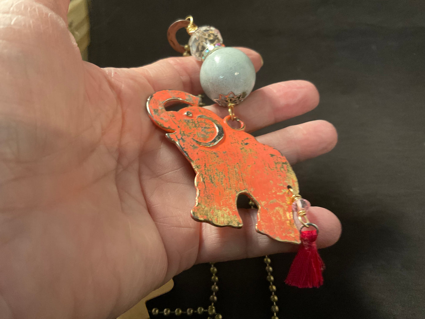 Handmade Pink Elephant Pendant Necklace | 36” Antique Brass Ball Chain | Boho Statement Jewelry