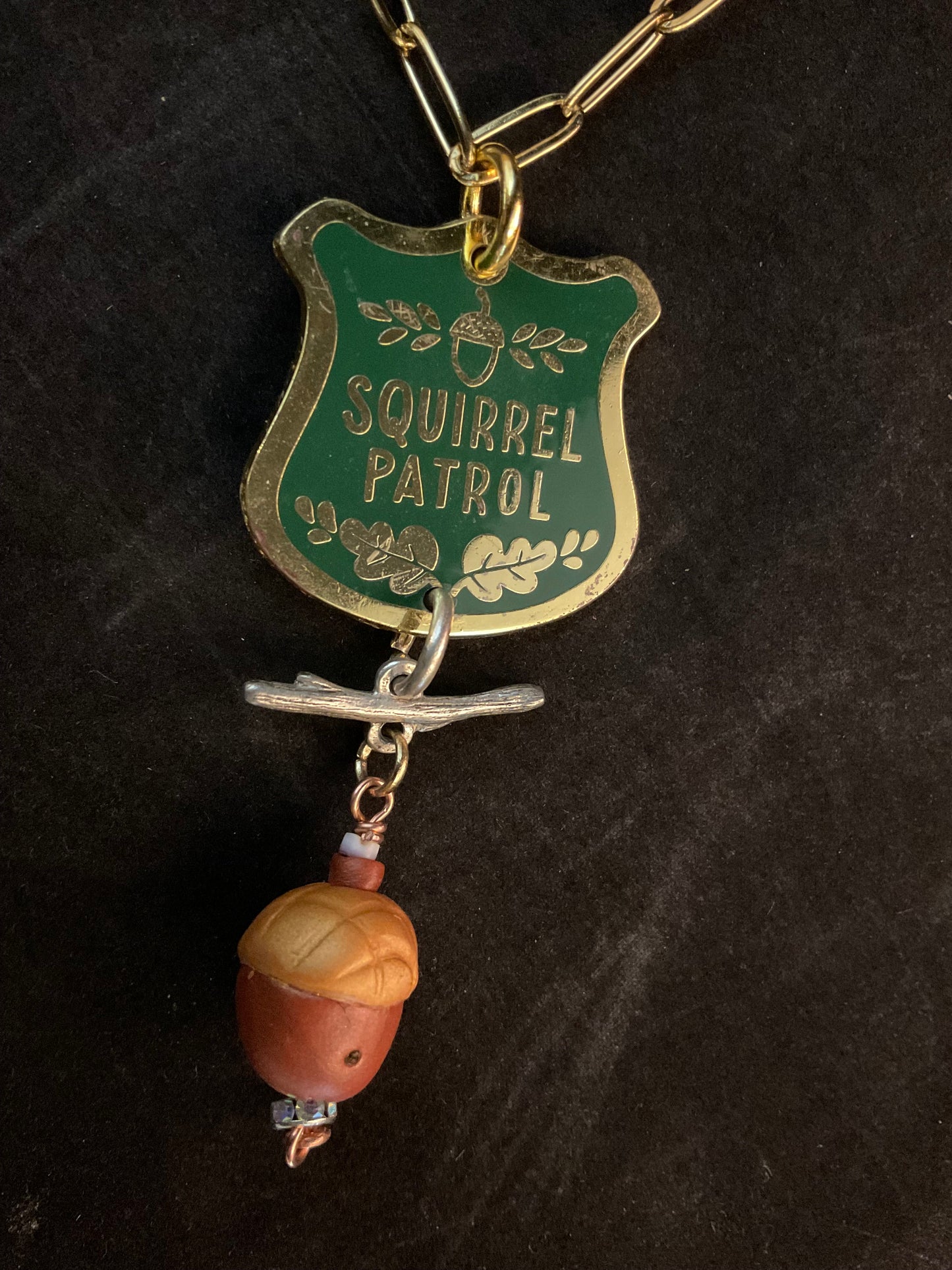 Handmade Squirrel Patrol Necklace | Gold Paper Clip Chain with Polymer Clay Acorn | Woodland Jewelry