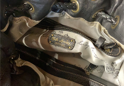 Black Leather Drawstring Bucket Bag with Braided Tassels – Multi Pocket Boho Everyday Purse