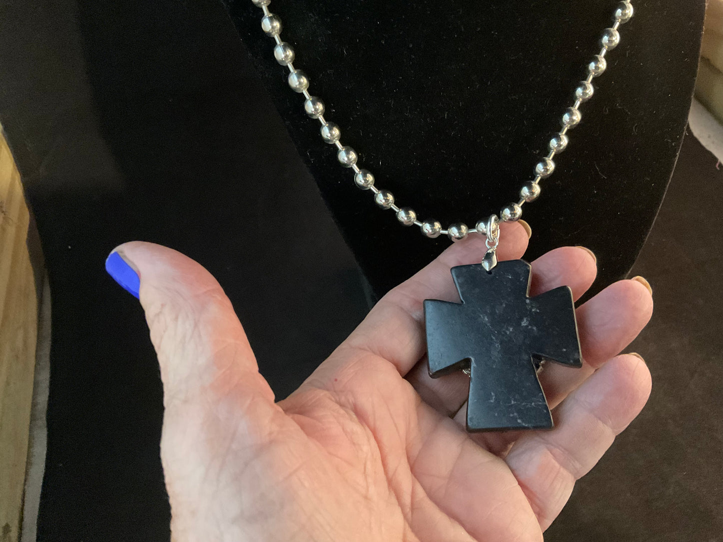 Black Stone Cross Pendant Necklace | Rhinestone Pearl Cross | 17” Silver Ball Chain | Statement Christian Jewelry