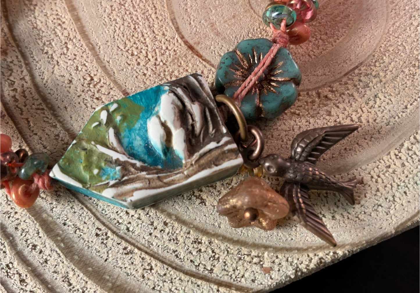 Mountain Song Bird Bracelet – Handcrafted Czech Glass, Polymer Landscape Bead & Bronze Swallow Charm