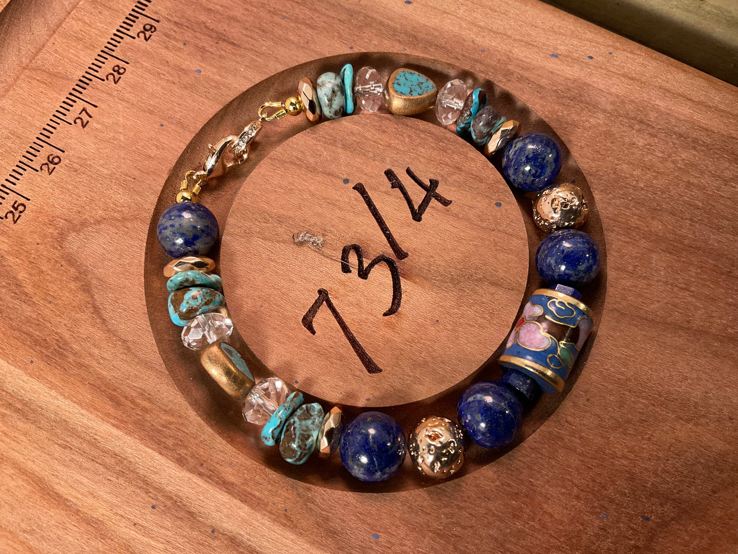 Handmade Turquoise and Lapis Bracelet | Cloisonné Barrel Bead | Crystal Quartz | 7 3/4" Inch Artisan Jewelry (Copy)
