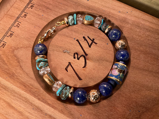 Handmade Turquoise and Lapis Bracelet | Cloisonné Barrel Bead | Crystal Quartz | 7 3/4" Inch Artisan Jewelry (Copy)