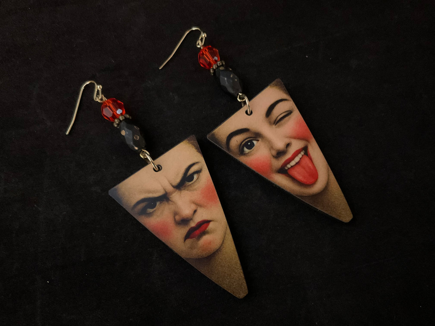 Funny Mood Swing Earrings with Vintage Crystal, Czech Glass Beads & Retro Face Art