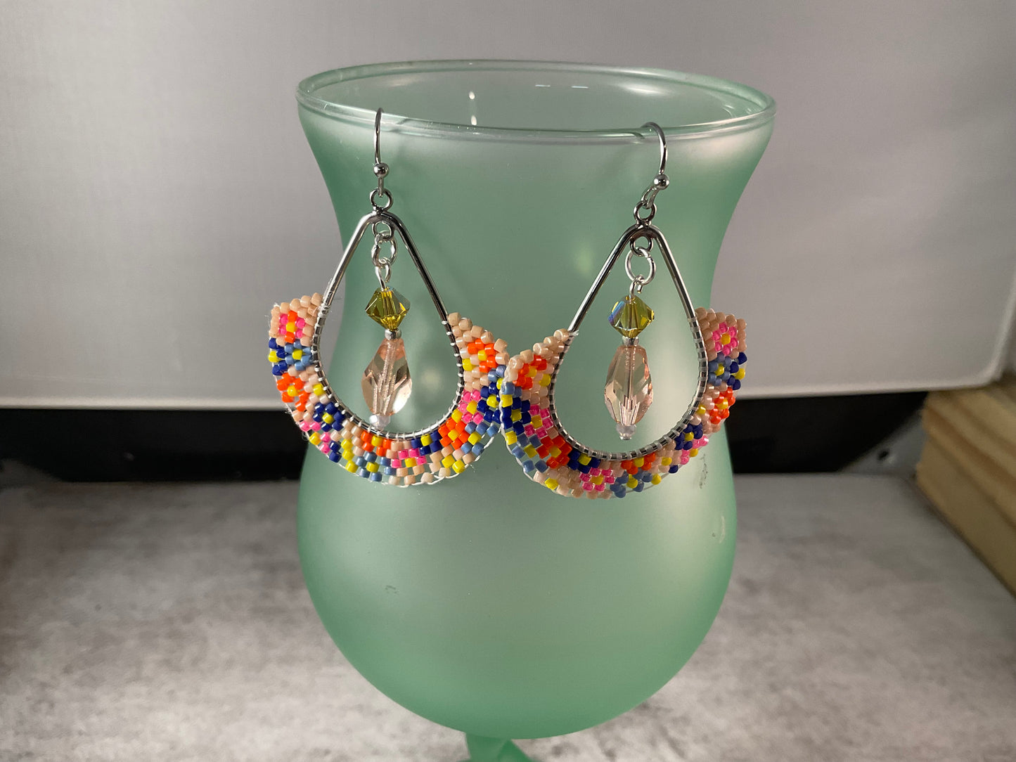 Colorful Hand Beaded Hoop Earrings with Swarovski Crystal Drops | Artisan Delica Seed Bead Jewelry