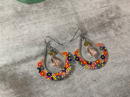 Colorful Hand Beaded Hoop Earrings with Swarovski Crystal Drops | Artisan Delica Seed Bead Jewelry