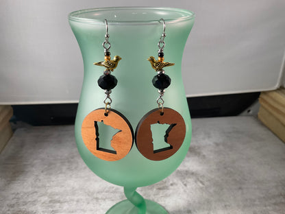 Handmade Minnesota Earrings with Swarovski Crystals, Gold Bird Charms & Wooden State Silhouette