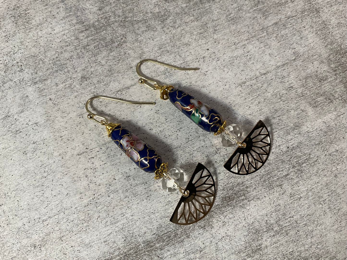 Handmade Cloisonné Earrings with Crystal Quartz Beads & Gold Fan Charms