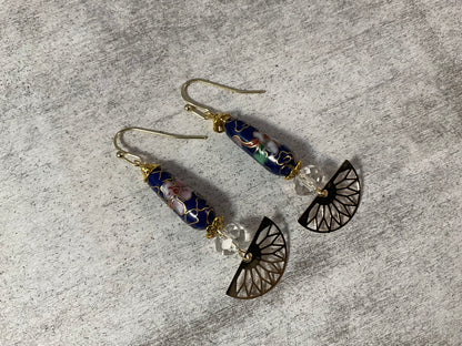 Handmade Cloisonné Earrings with Crystal Quartz Beads & Gold Fan Charms