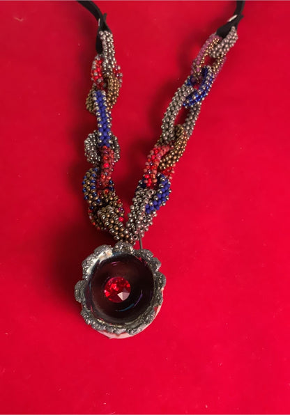 Raku Flame Statement Necklace – Hand Beaded Chain with Austrian Premium Crystal & Suede Straps