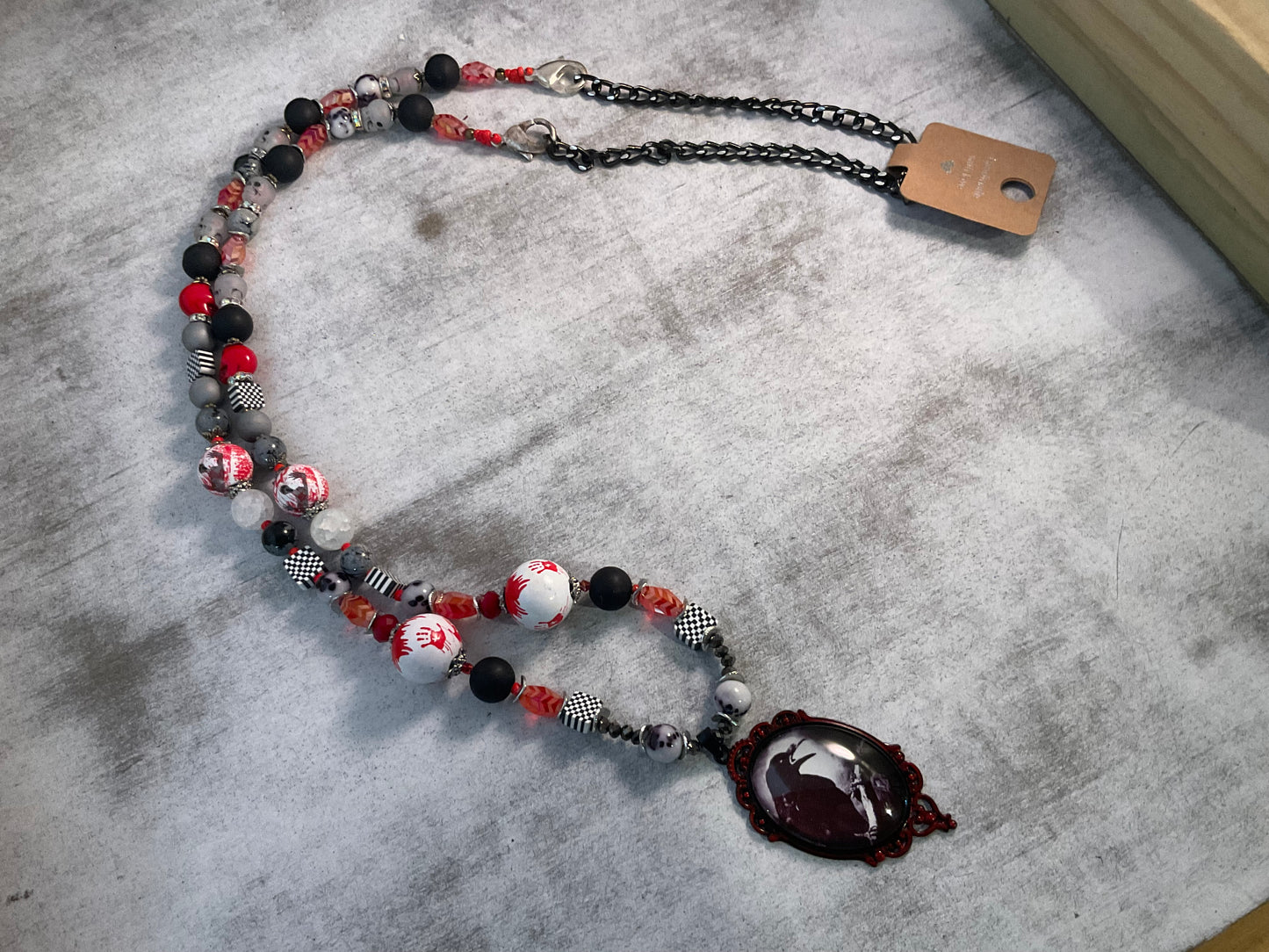42” Adjustable Raven Halloween Necklace with Skull Beads, Jasper, Crystals & Removable 12” Extension