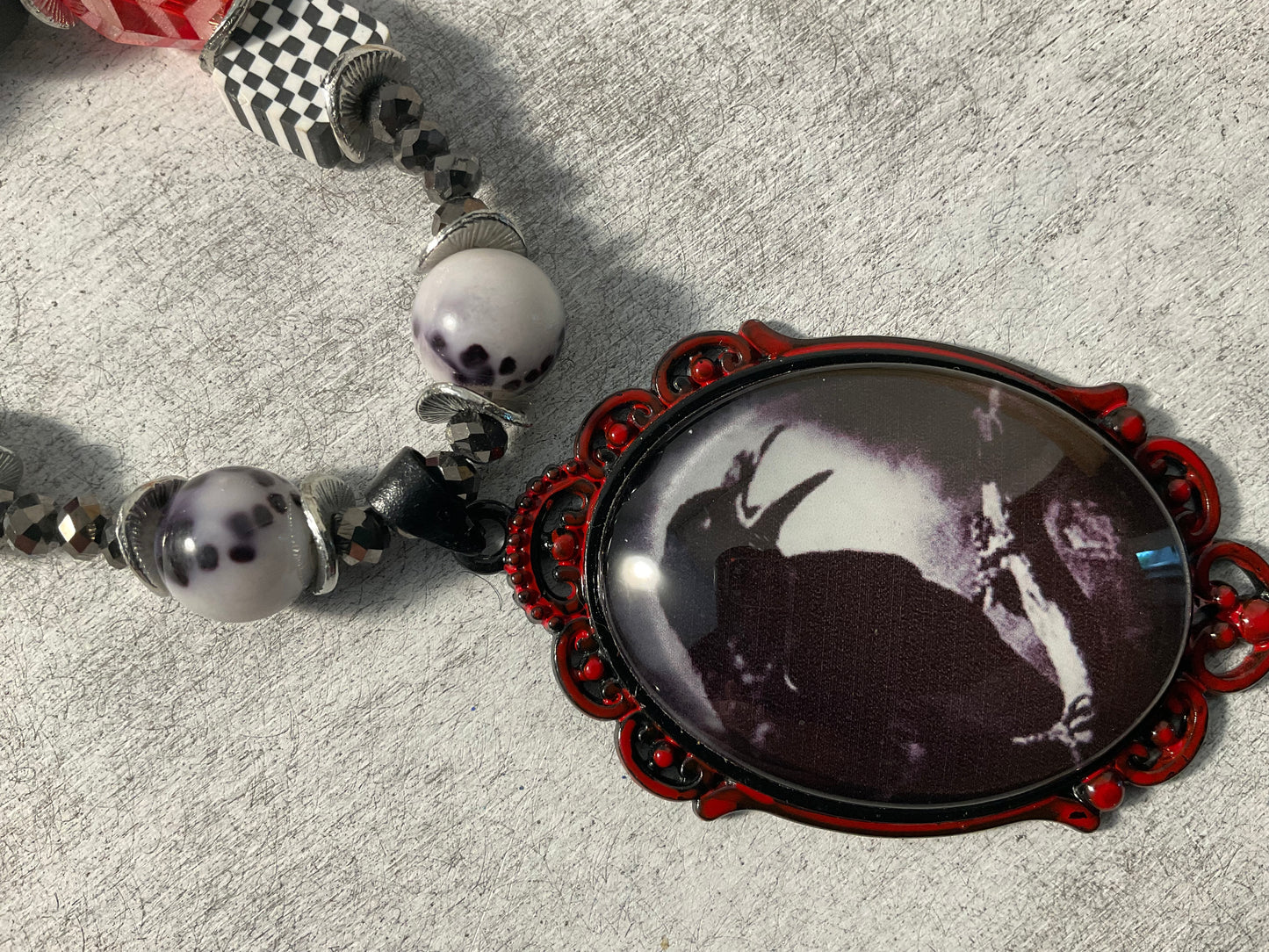 42” Adjustable Raven Halloween Necklace with Skull Beads, Jasper, Crystals & Removable 12” Extension