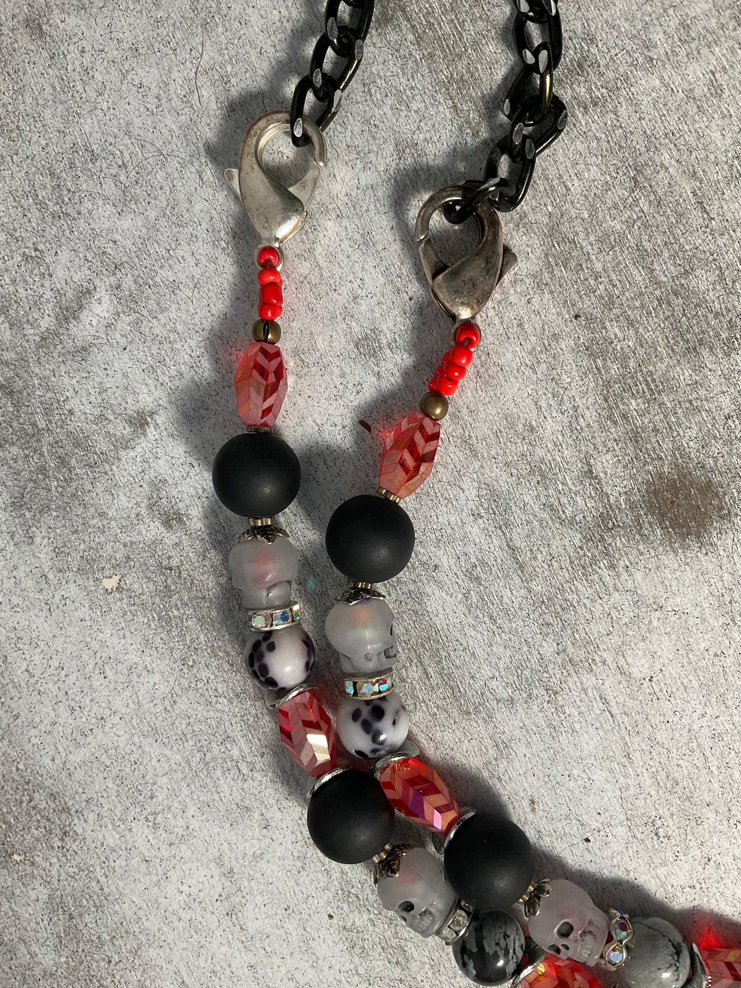 42” Adjustable Raven Halloween Necklace with Skull Beads, Jasper, Crystals & Removable 12” Extension