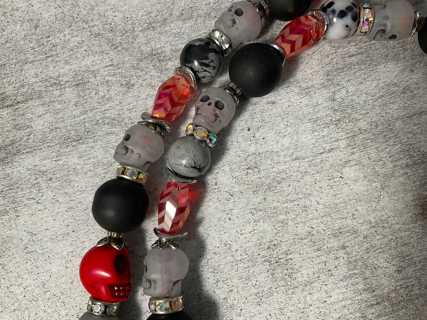 42” Adjustable Raven Halloween Necklace with Skull Beads, Jasper, Crystals & Removable 12” Extension