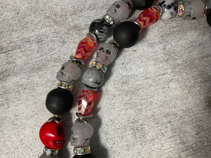 42” Adjustable Raven Halloween Necklace with Skull Beads, Jasper, Crystals & Removable 12” Extension