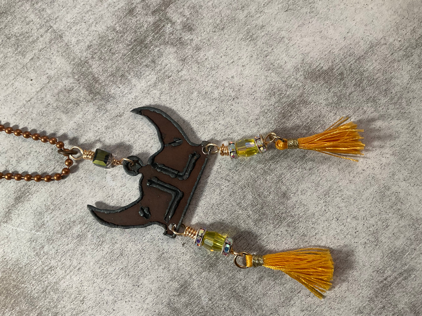 Minnesota Vikings Inspired Helmet Necklace with Vintage Crystals, Gold Tassels & Antique Bronze Ball Chain