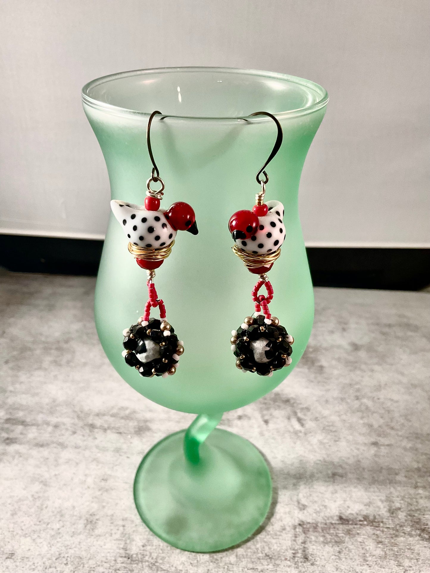 Hand Blown Glass Bird Earrings | Black & White Beaded Dangle Earrings | Artisan Wire Nest Jewelry