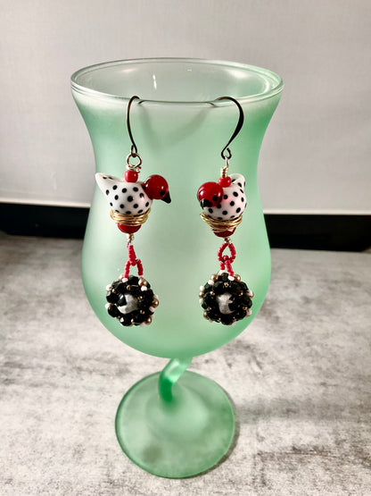 Hand Blown Glass Bird Earrings | Black & White Beaded Dangle Earrings | Artisan Wire Nest Jewelry