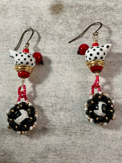 Hand Blown Glass Bird Earrings | Black & White Beaded Dangle Earrings | Artisan Wire Nest Jewelry