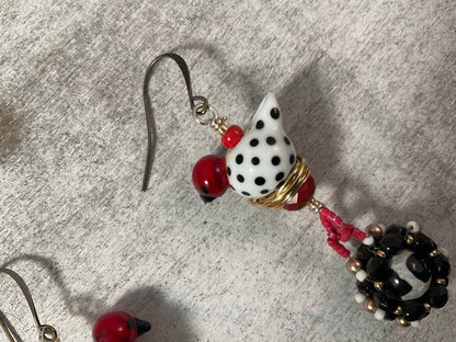 Hand Blown Glass Bird Earrings | Black & White Beaded Dangle Earrings | Artisan Wire Nest Jewelry