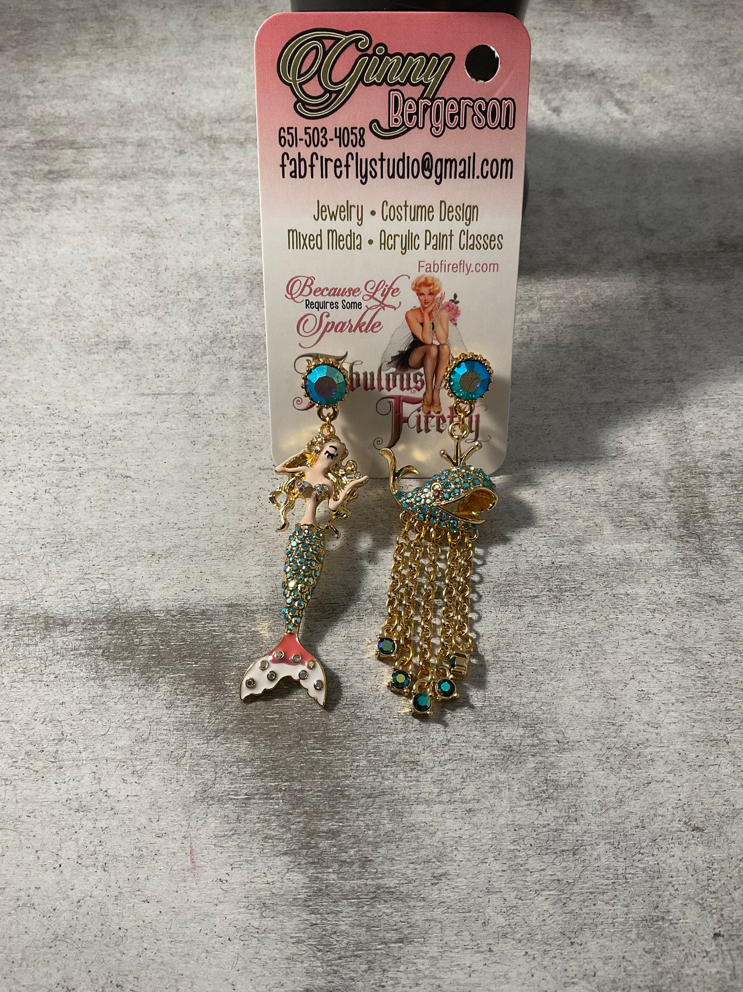 Mermaid and Whale Mismatched Earrings | Aqua Crystal Gold Statement Earrings | 2-Inch Coastal Jewelry