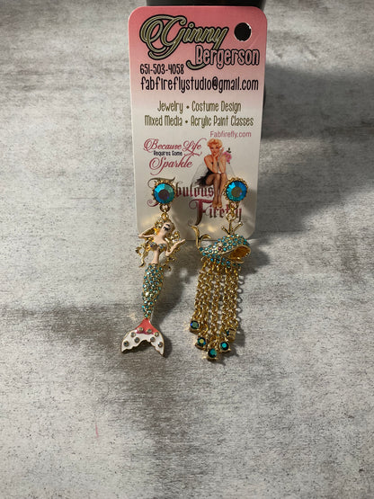 Mermaid and Whale Mismatched Earrings | Aqua Crystal Gold Statement Earrings | 2-Inch Coastal Jewelry
