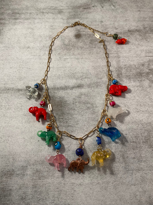 Vintage Celluloid Elephant Charm Necklace | Colorful Elephant Necklace | Adjustable 17–18.5 Inches