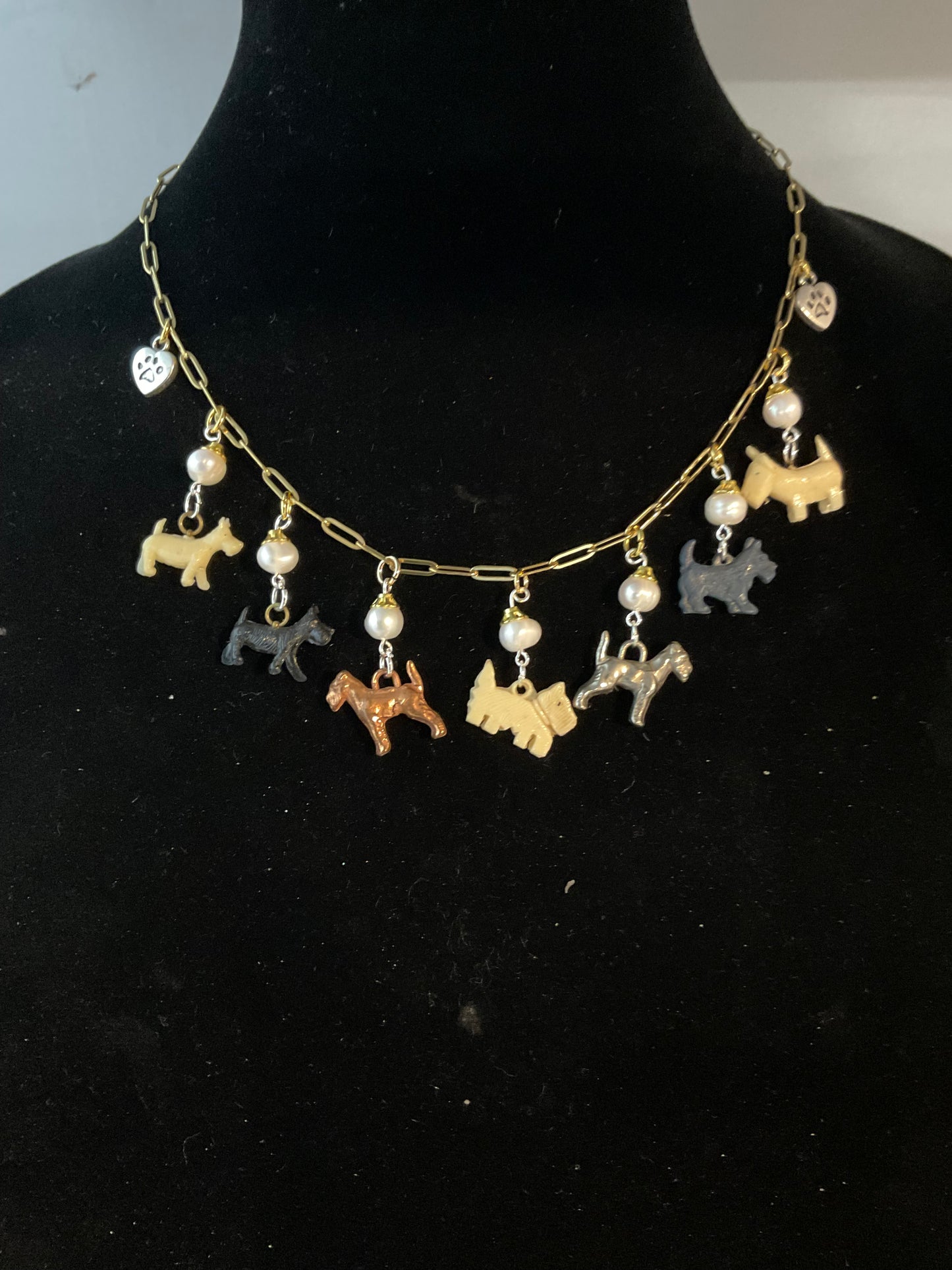 Vintage Scottie Dog Charm Necklace | Freshwater Pearls | Adjustable 17–18.5 Inch Gold Paperclip Chain