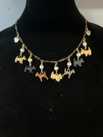 Vintage Scottie Dog Charm Necklace | Freshwater Pearls | Adjustable 17–18.5 Inch Gold Paperclip Chain