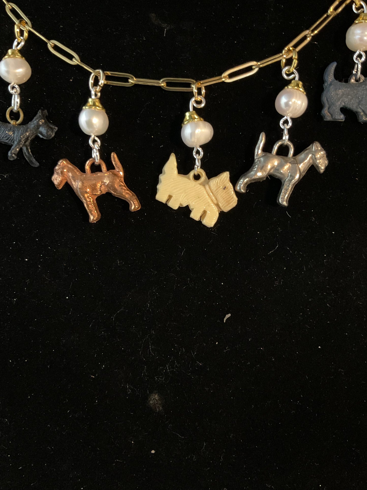 Vintage Scottie Dog Charm Necklace | Freshwater Pearls | Adjustable 17–18.5 Inch Gold Paperclip Chain